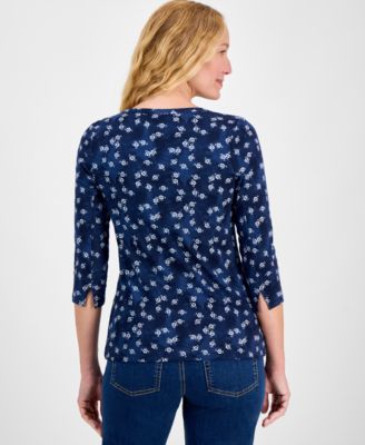 Style & Co Women's Printed Pima Cotton 3/4-Sleeve Boat-Neck