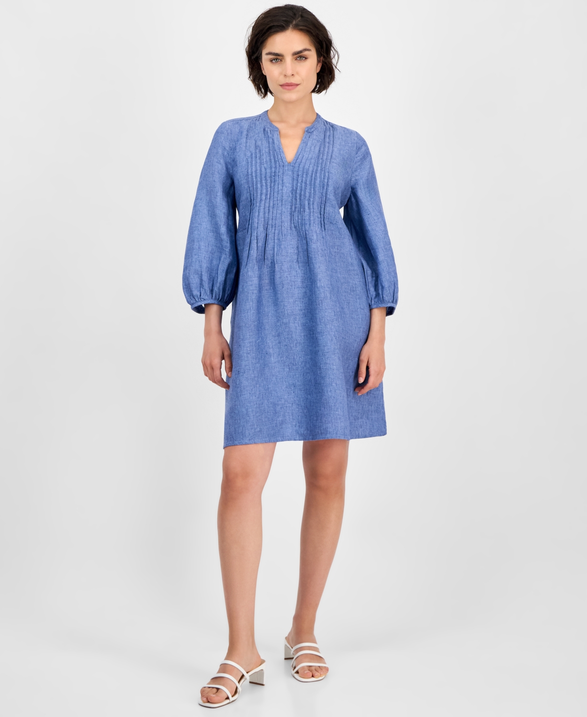 Women's 100% Linen 3/4-Sleeve Pintuck Dress, Exclusively at Macy's - Blue Ocean