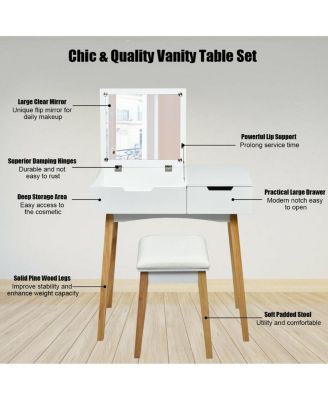 Wooden Vanity Table with Flip Top Mirror and Cushioned Stool