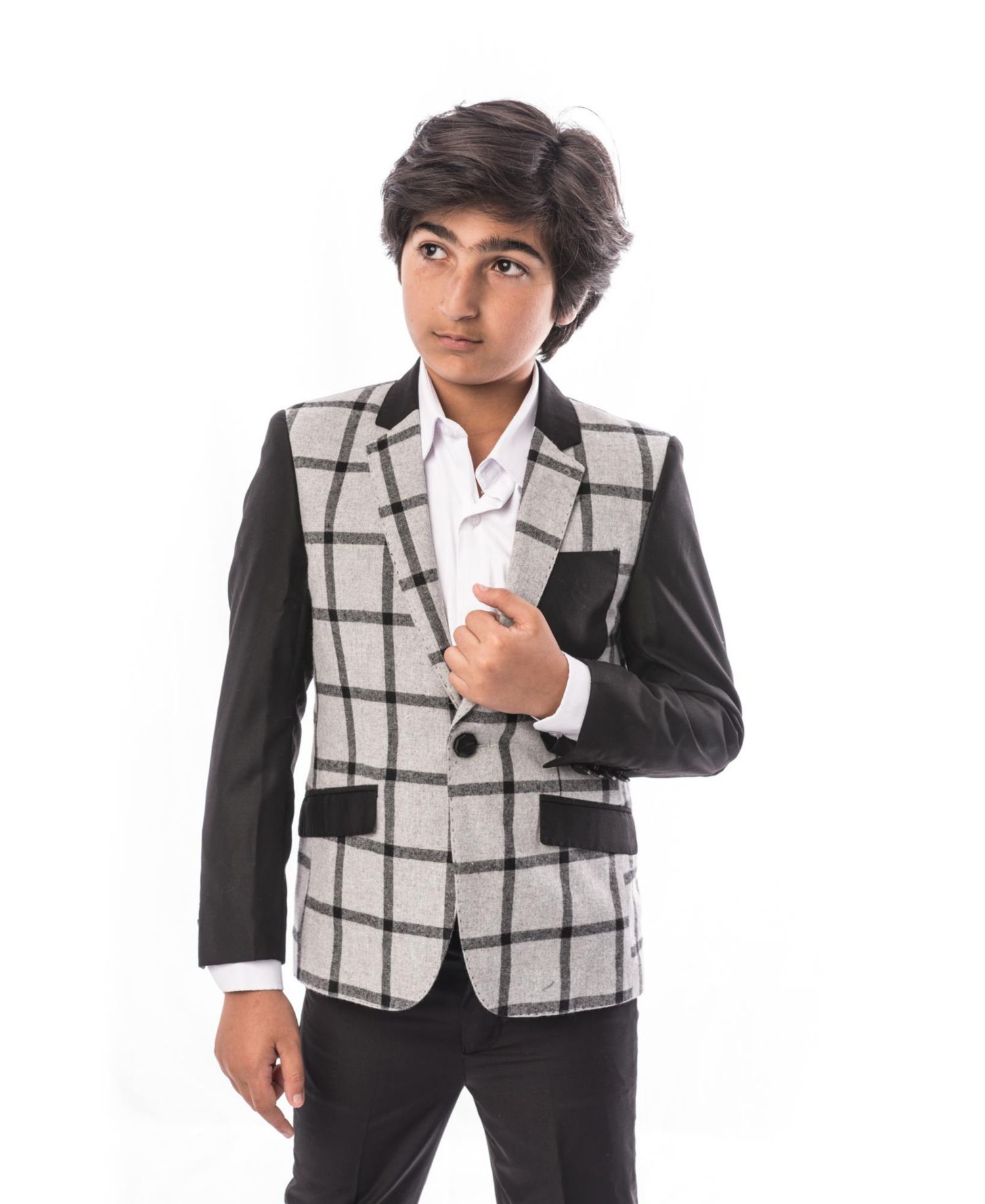 Boys Grey Slim Fit Windowpane Plaid Blazer