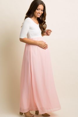 Миниатюрное светло-розовое шифоновое макси-платье для беременных с цветными блоками PinkBlush