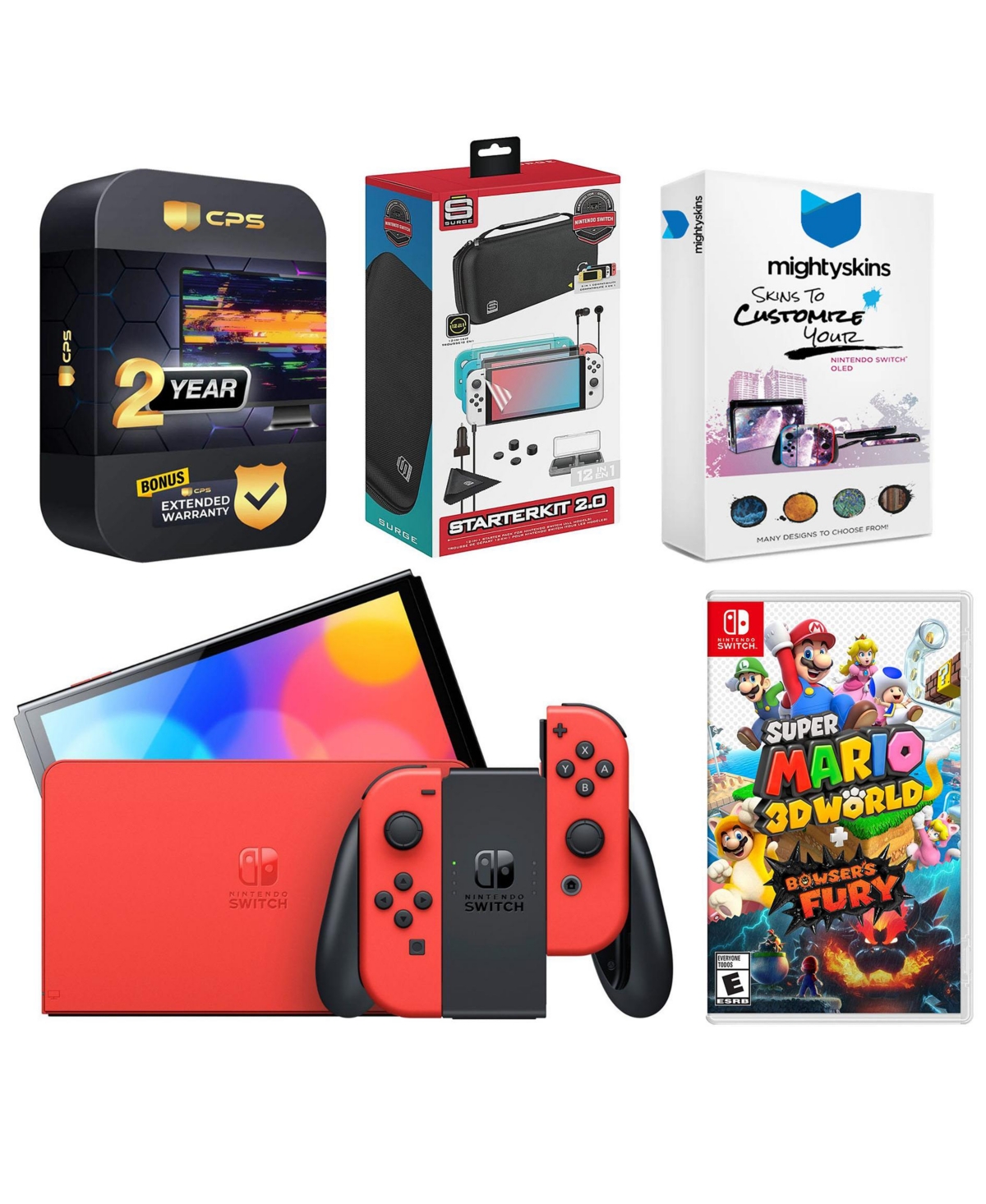 Nintendo Switch Oled Mario Red Edition with Super Mario 3D World + Bowser s Fury, Surge Accessory Gaming Kit, MightySkins Console and Controller Skin