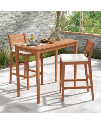 Patio Eucalyptus Wood Bar Stools Set of 2 Outdoor Bar Height Patio Chairs w/ Cushions