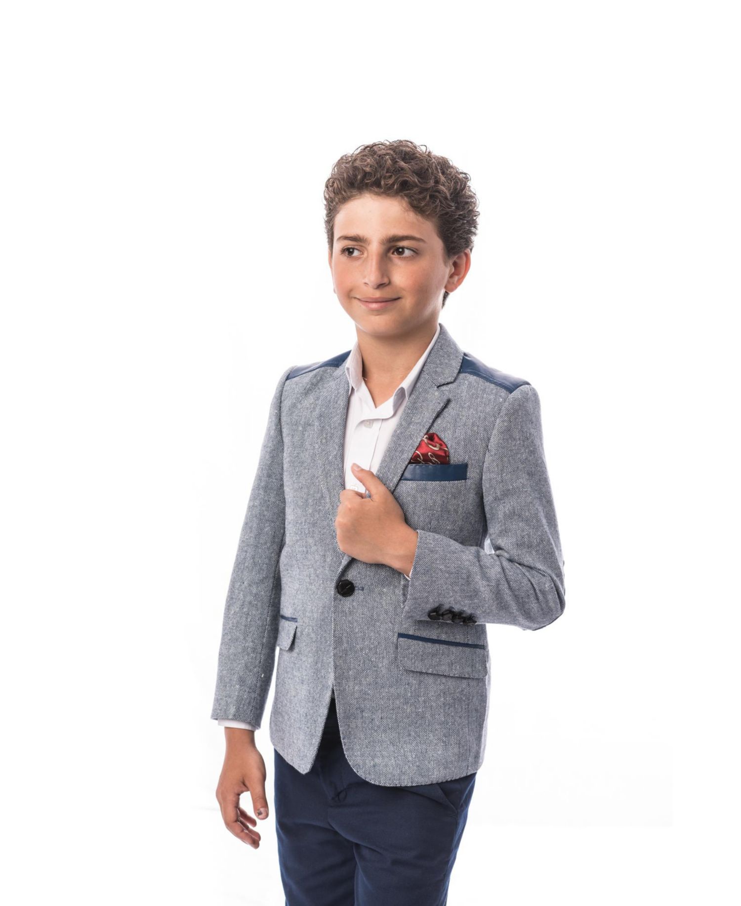 Toddler Blue Slim Fit Tweed & Faux Leather Blazer
