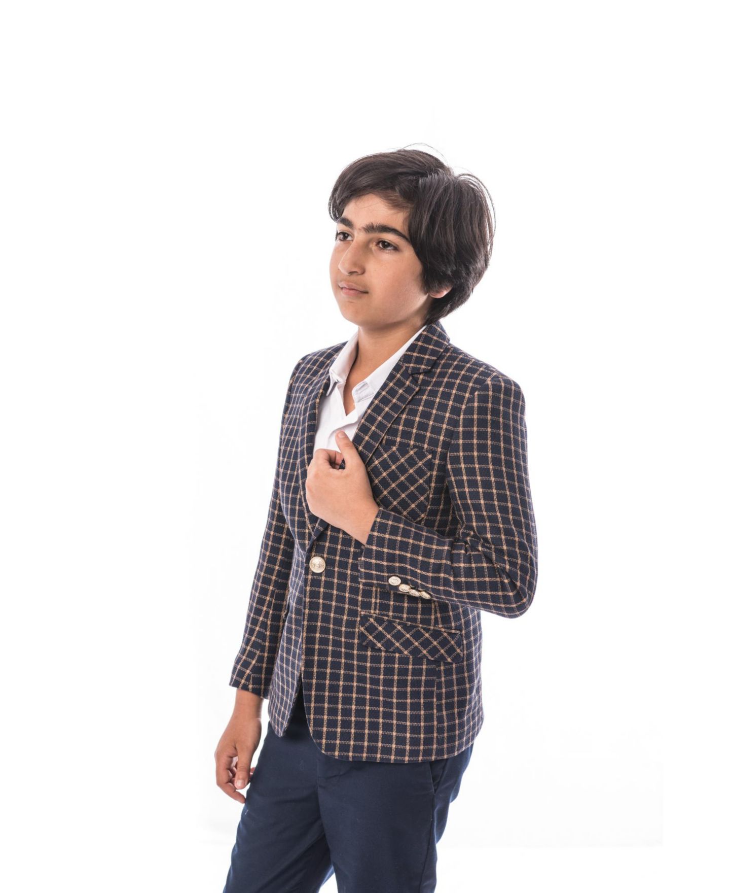 Пиджак Elie Balleh Navy Slim Fit Plaid Blazer для малышей, цвет: Тёмно-синий — фото 1