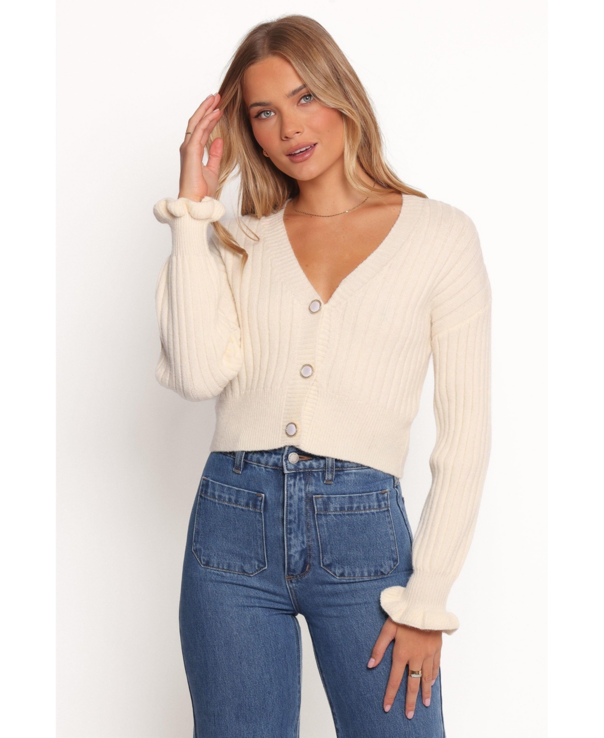 Women's Zana Ribbed Ruffle Cuff Knit Sweater - Cream