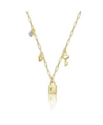 Kids 14K Gold Plated with "Clear Cubic Zirconia, Heart, & Key Charm" Lock Pendant Necklace