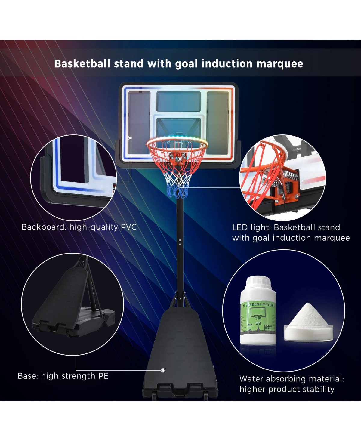 Portable Basketball Hoop System, 8-10ft Height Adjustable for Youth Adults Led Basketball Hoop Lights