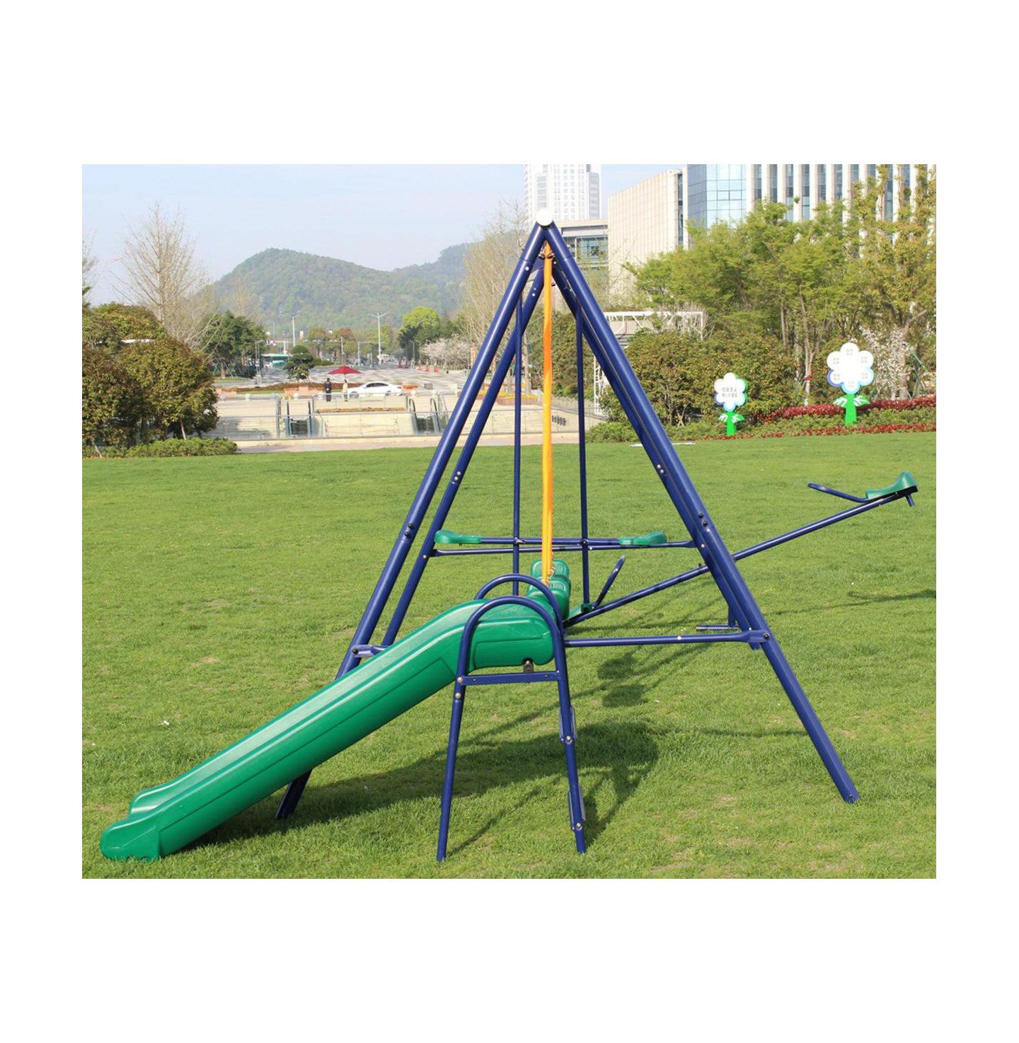 Детские игрушки Flynama Heavy-Duty Steel Swing Set with 2 Swings, Glider, Slide & See-Saw, 7-Child Capacity, Ages 3-8 — фото 6