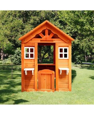 All Wooden Kids Playhouse with 2 windows and flowerpot holder