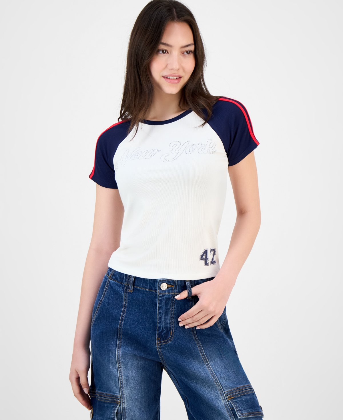 Juniors' New York Rhinestone Raglan Short-Sleeve T-Shirt - White/Navy