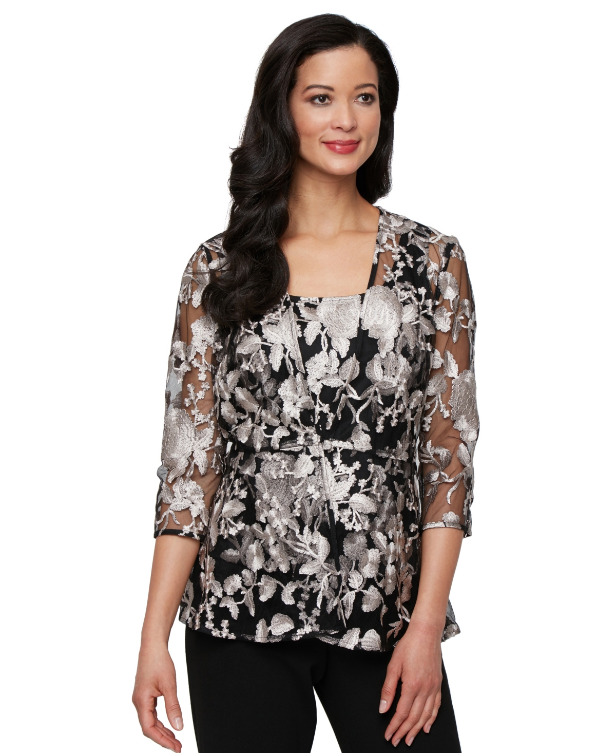 Women's Printed Tulle Jacket & Top Set - Black, Taupe
