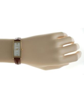 Women's Rectangular Gold-Tone Case Watch Glossy Brown Leather Strap