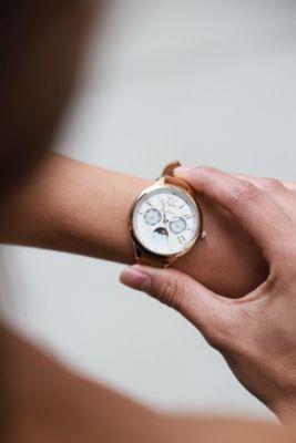 Women 38mm Watch Multi Function Suede Leather Strap