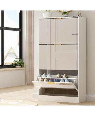 Wooden 3-door natural shoe cabinet,Mirror door panel, multi-purpose shoe rack with metal handles