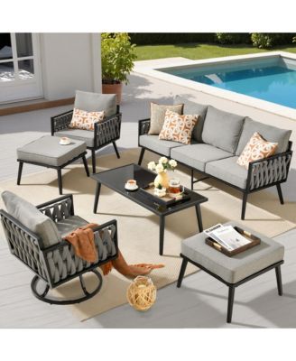 6-Priece Outdoor Patio Set with All-Weather Polyester Rope, Conversation Sofa Set for Backyard Deck with Soft Cushions,Ottomans and Glass Coffee Table