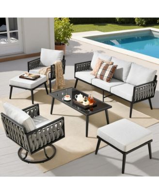 6-Priece Outdoor Patio Set with Polyester Rope, Conversation Sofa Set for Backyard Deck with Soft Cushions,Ottomans and Glass Coffee Table