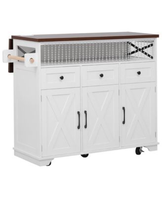 Farmhouse Kitchen Island Cart with Drop Leaf & Wheels