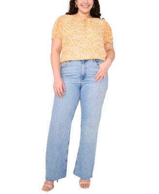 Plus Size Printed Split-Neck Flutter-Sleeve Blouse 