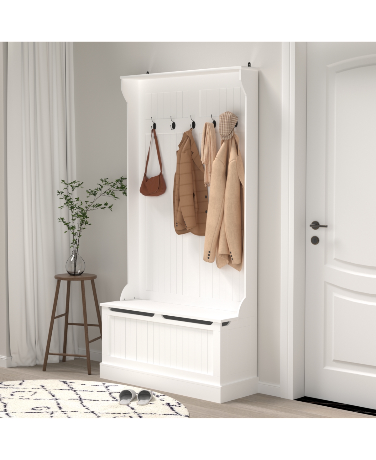 Entryway Bench with Coat Rack, Shoe Storage, & Hooks - White - White