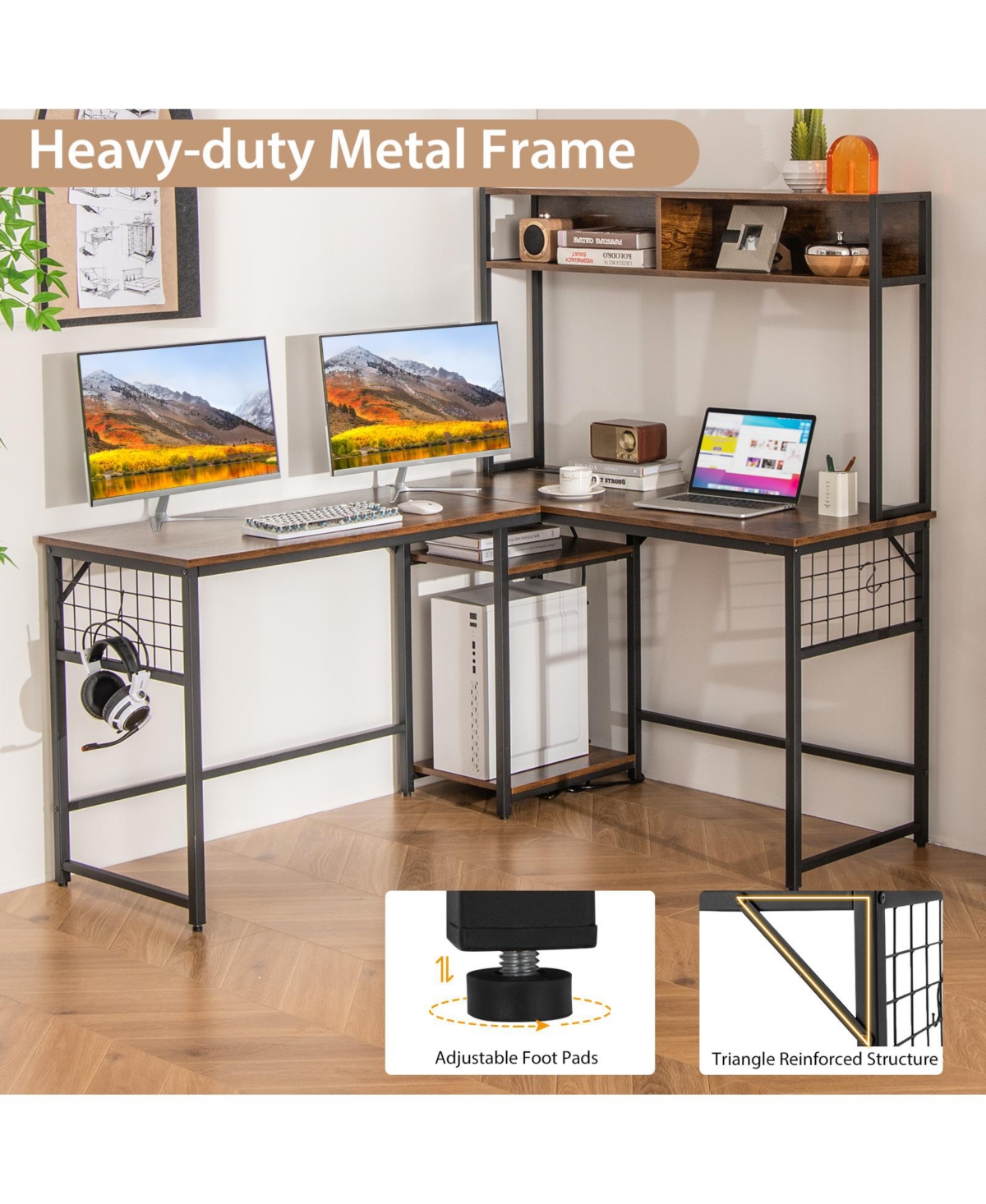 L-shaped Desk with Power Outlet Hutch