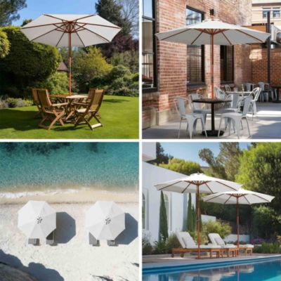 9ft Solid Wood Outdoor Patio Umbrella with Base Included Parasol Wheels Stand for Bistro Market Garden Deck Yard Poolside White