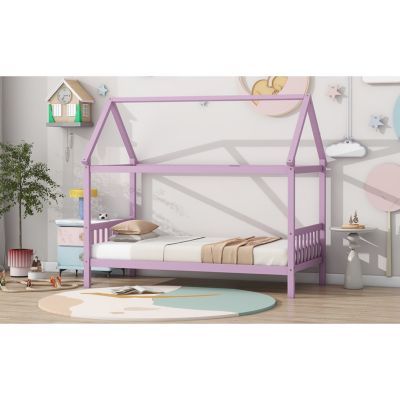 Twin House Bed with Headboard and Footboard, Twin Rubber Wood Bed with House Frame,Pink