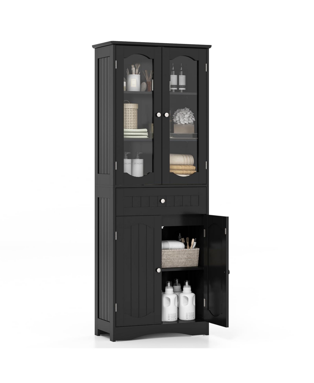 63 Inch Tall Bathroom Storage Cabinet with 2 Glass Doors and Adjustable Shelves - Black