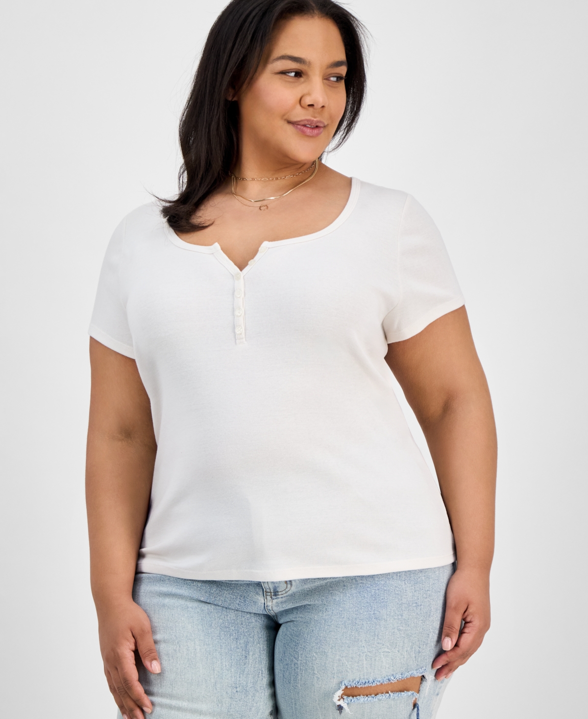 Trendy Plus Size Henley Top - Whipser White