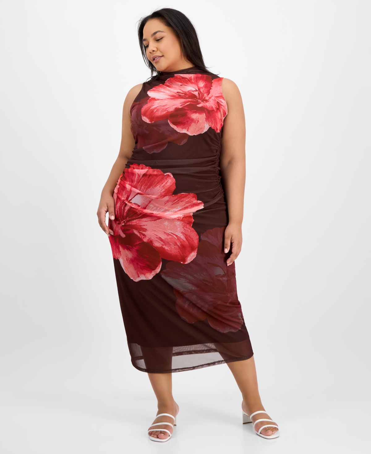 Trendy Plus Size Ruched Floral-Print Mesh Dress - Brown Floral