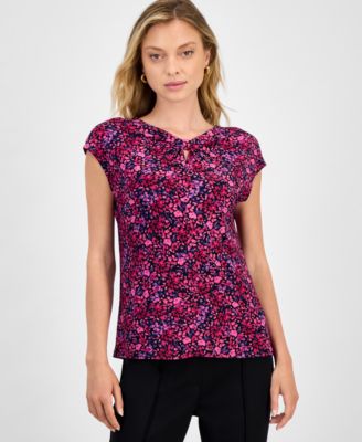 Kasper - Petite Ditsy Floral-Print Keyhole-Cutout Top