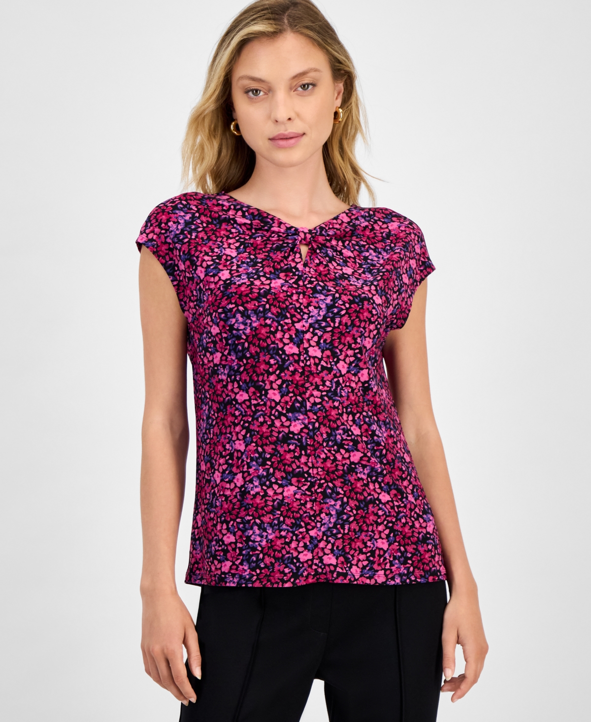 Women's Ditsy Floral-Print Keyhole-Cutout Top, Regular & Petite - Black/cerise Multi