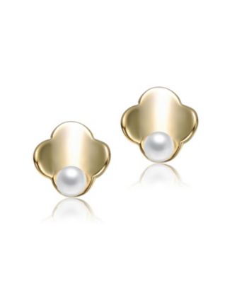 14K Gold Plated with White Pearl Clover Stud Earrings