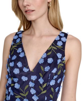 Women's Floral-Print Mesh V-Neck Midi Dress