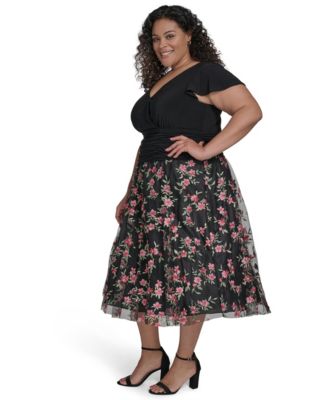Plus Size Mixed-Media Mesh-Skirt Fit & Flare Dress