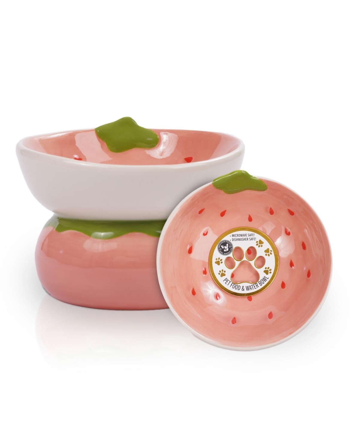 P.t. Supply Co. Strawberry Shaped Stoneware Elevated Pet Bowl, Raised Ceramic Food & Water Dish for Dogs and Cats - Pink