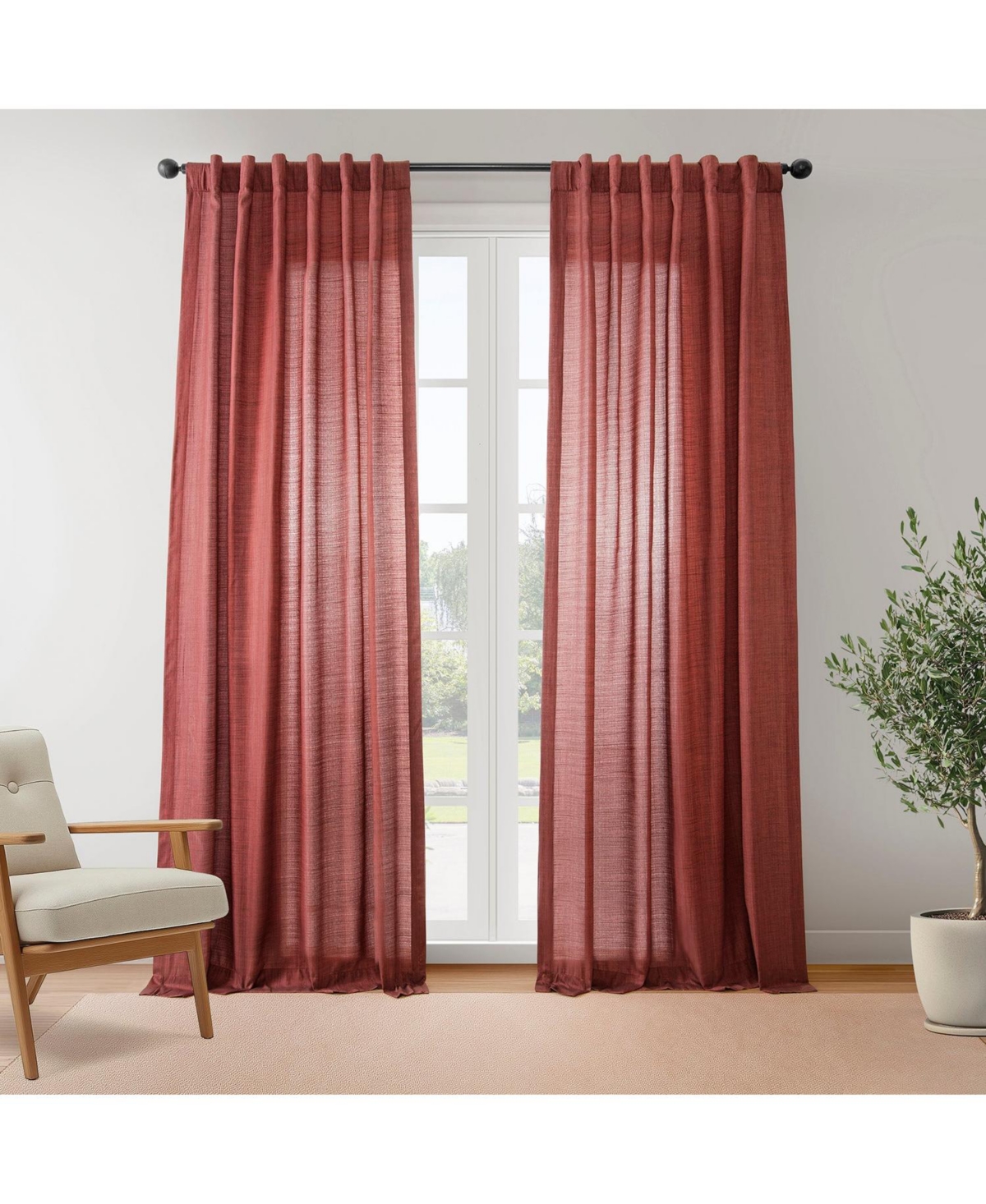 Rustic Weave Linen Curtains (2 Panels) Sheer Window Curtains Panel Set, Rod Pocket Curtains, 50 inches Wide Linen Drapes - Red