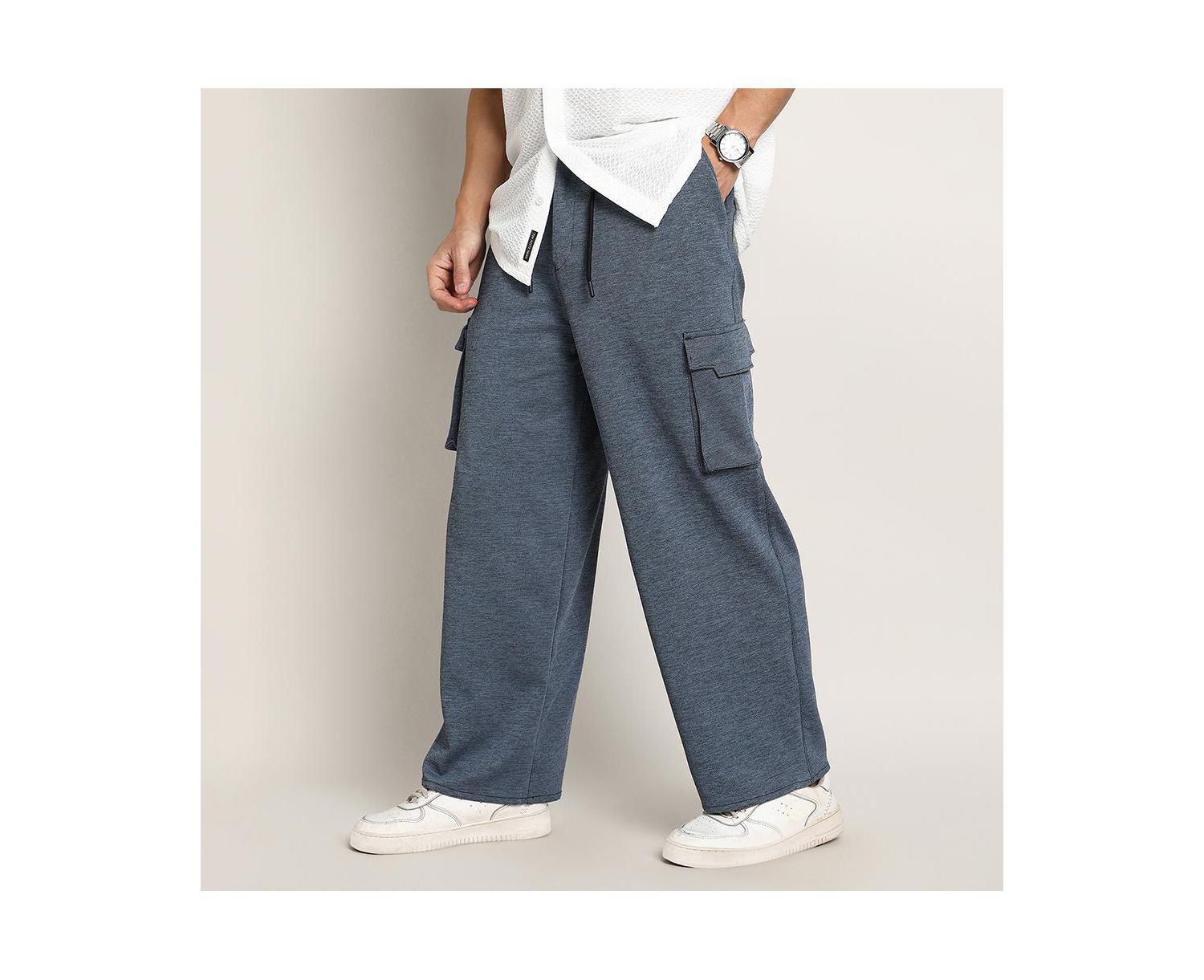 Men's Prussian Blue Heathered-Relaxed Cargo Trousers