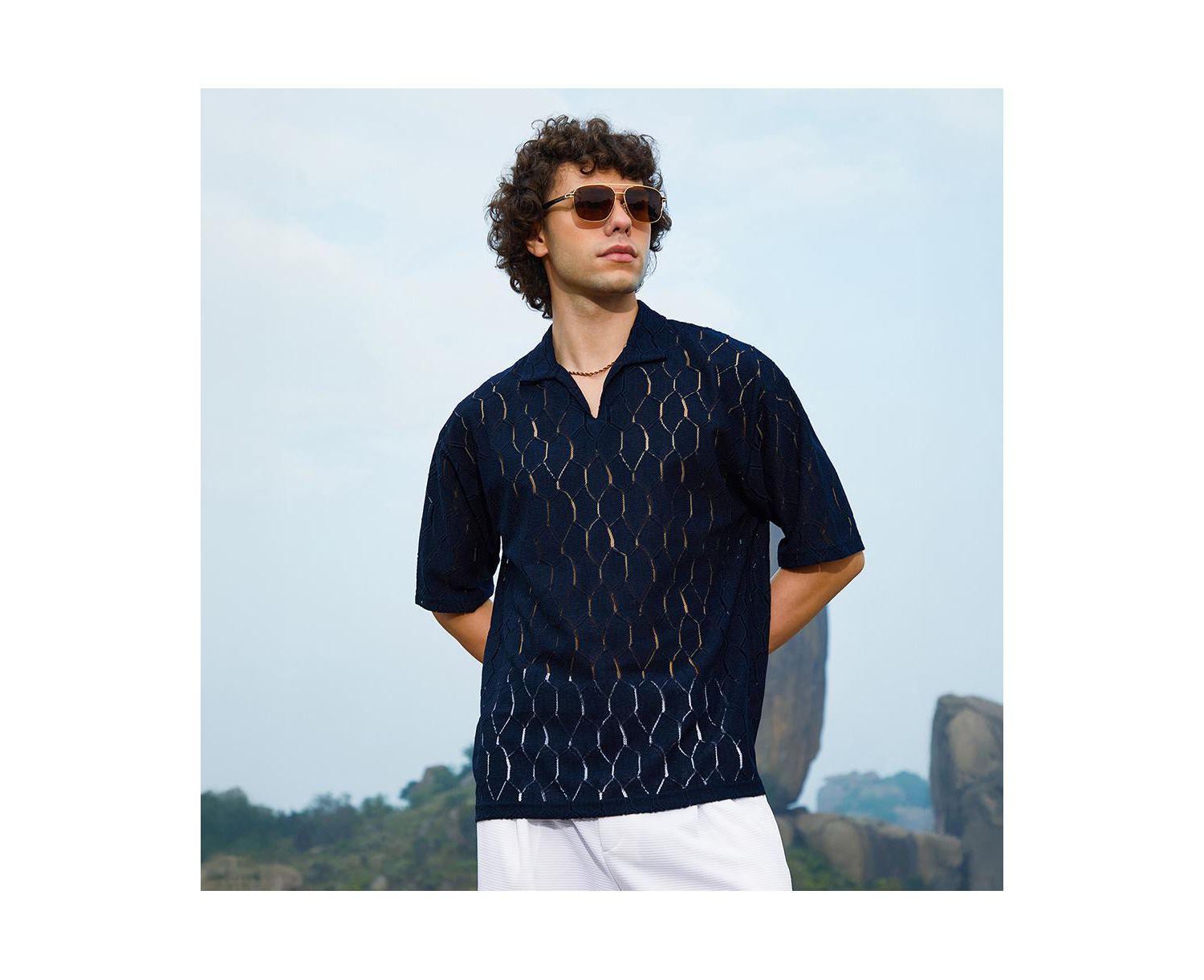 Men's Prussian Blue Honeycomb-Knit Polo T-Shirt