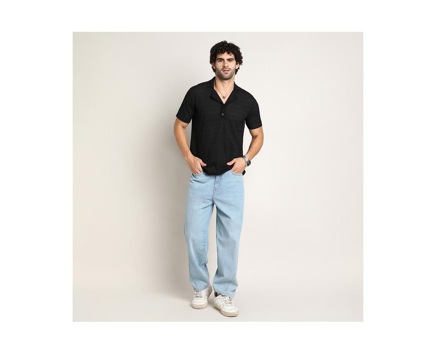 Men's Onyx Black Panel-Tactile Cuban Polo T-Shirt