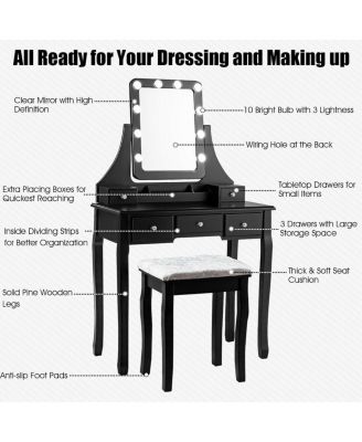 2-Pc. MDF 10 Dimmable Bulb Lighted Vanity Dressing Table Set with Cushioned Stool