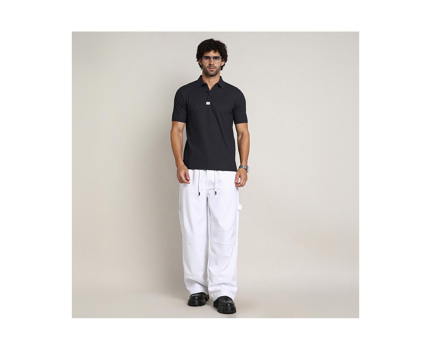 Men's Chalk White Relaxed-Panel Cargo Trousers