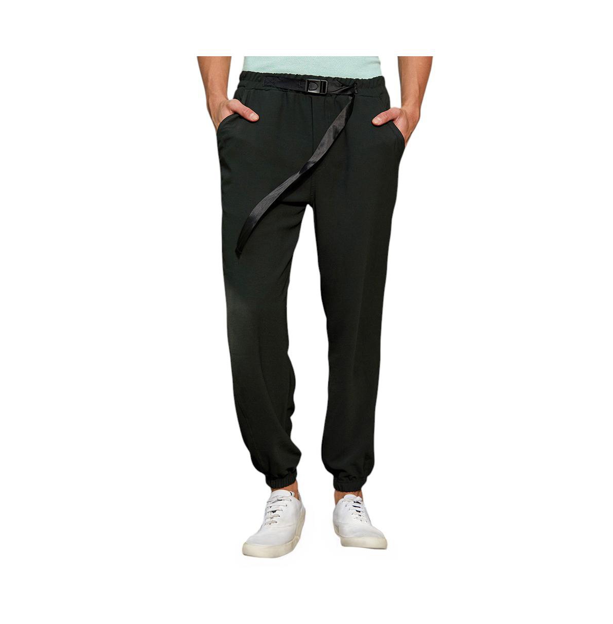Men's Obsidian Black Solid Belted Trousers - Black