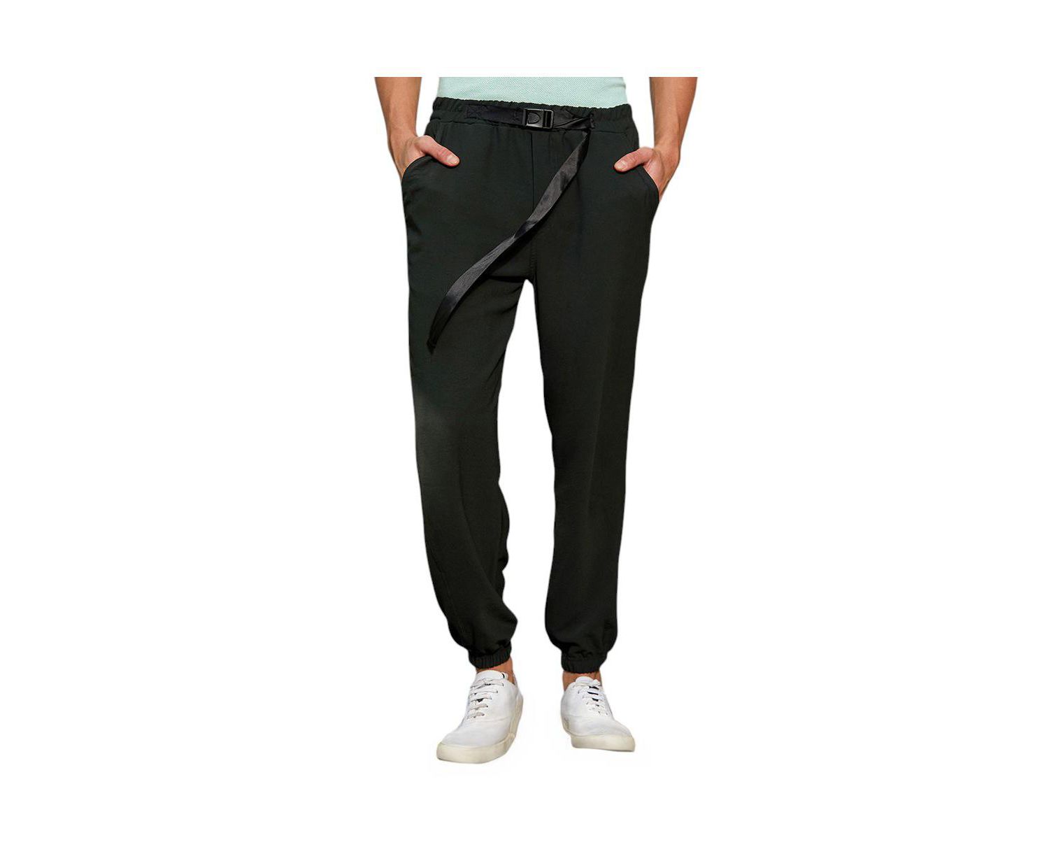 Men's Obsidian Black Solid Belted Trousers