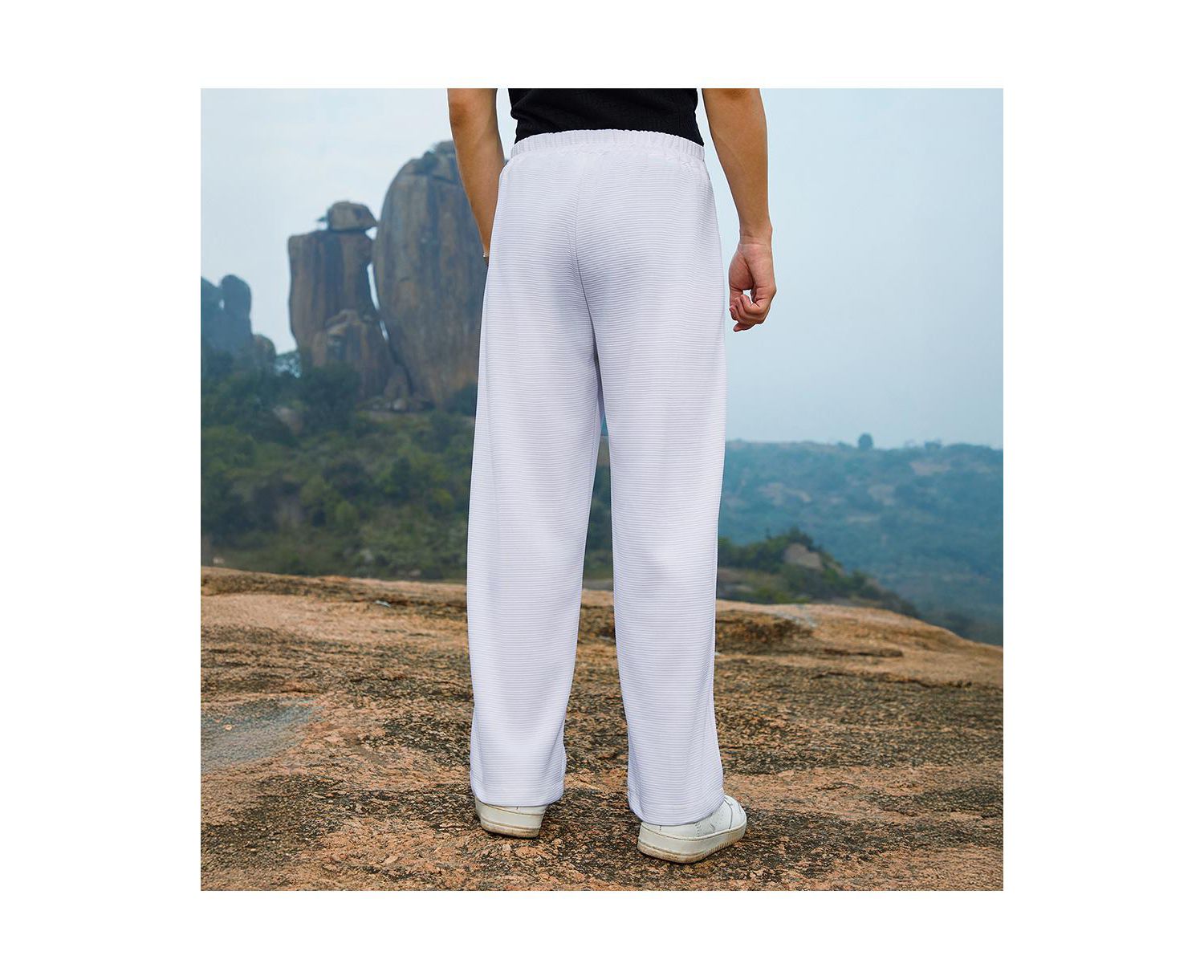 Men's Cream White Straight-Fit Ribbed Trousers