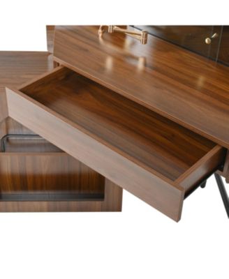 Walnut Corner Vanity Desk with Mirror & LED Lights