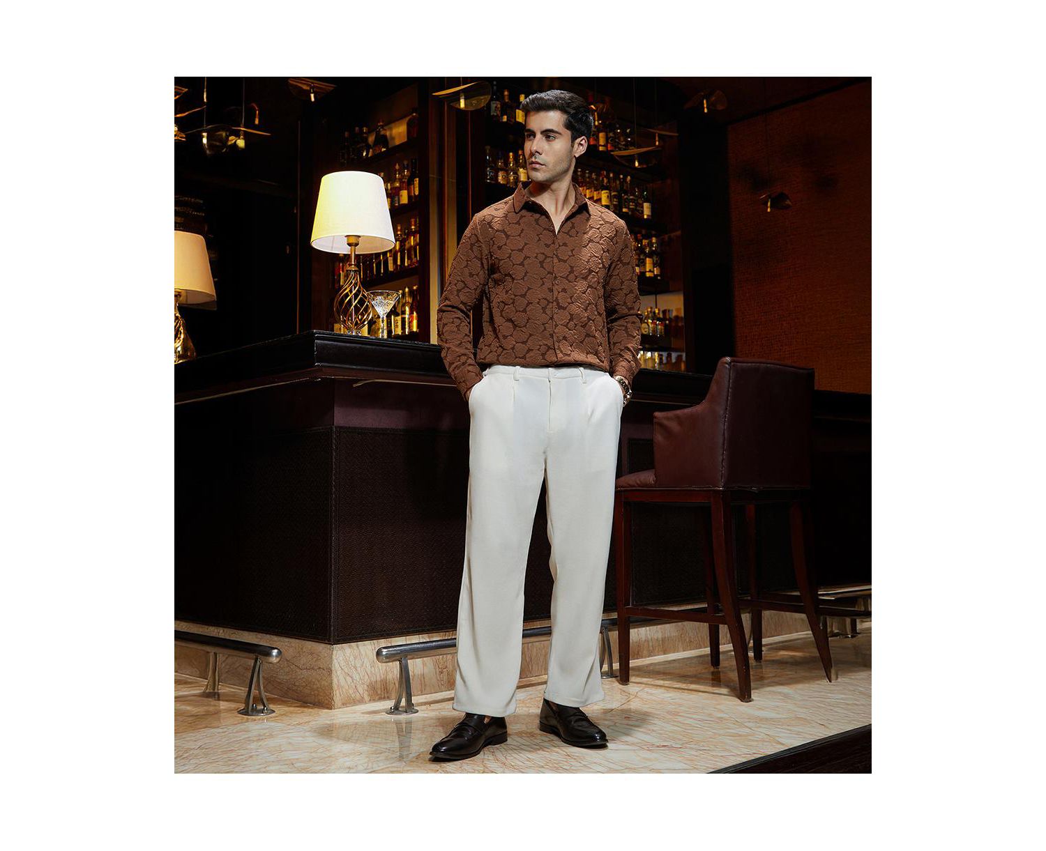 Men's Cream White Waffle-Pleated Straight Trousers