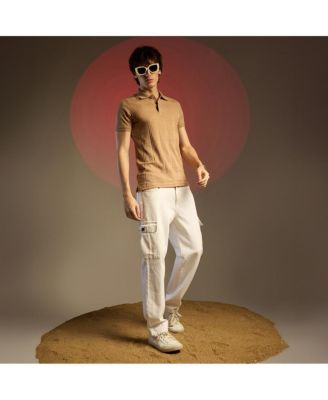 Men's Buff Beige Intertwine-Textured Polo T-Shirt