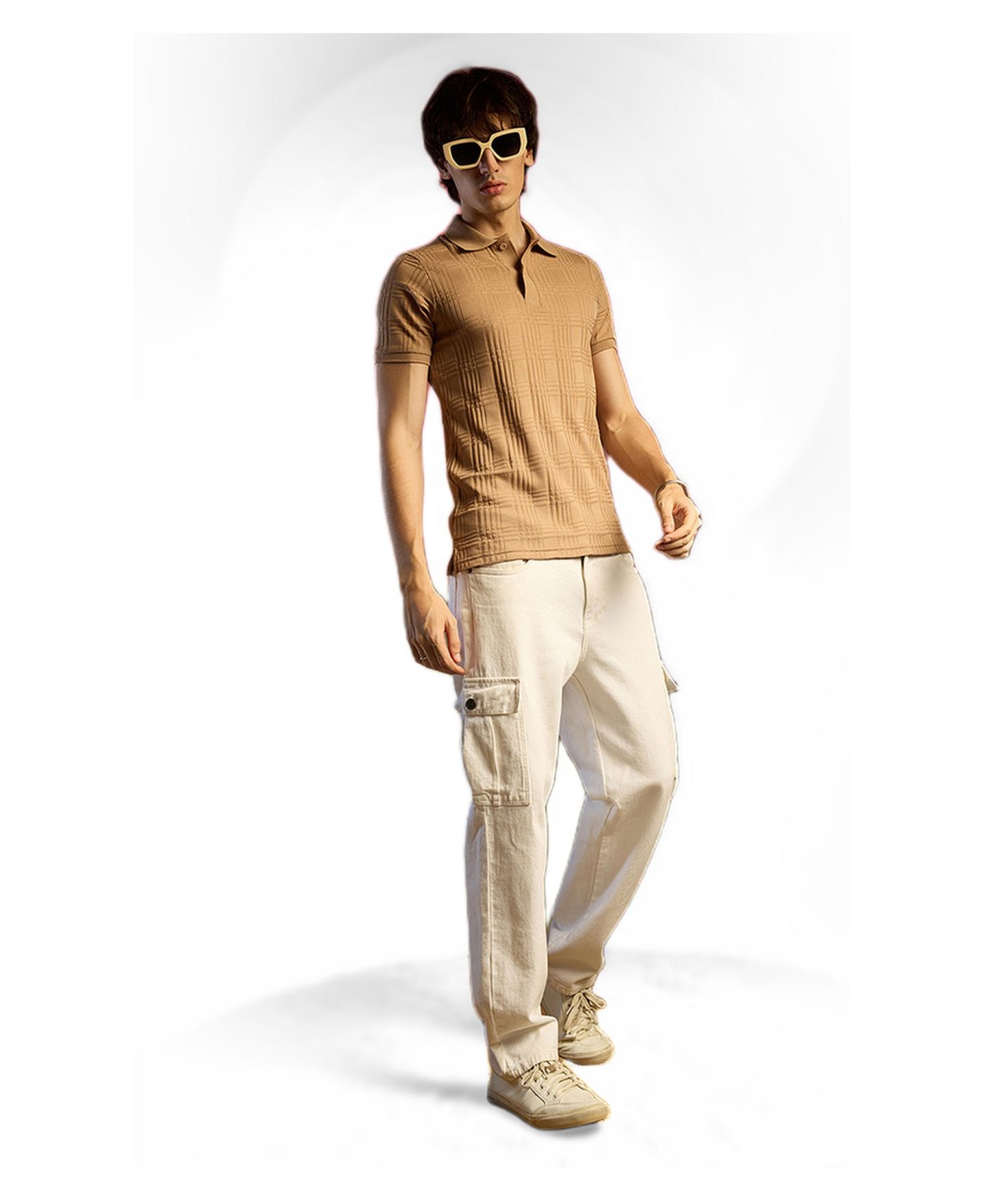 Мужская футболка Cahoot Buff Beige Intertwine-Textured Polo, цвет: Бежевый / Хаки — фото 3