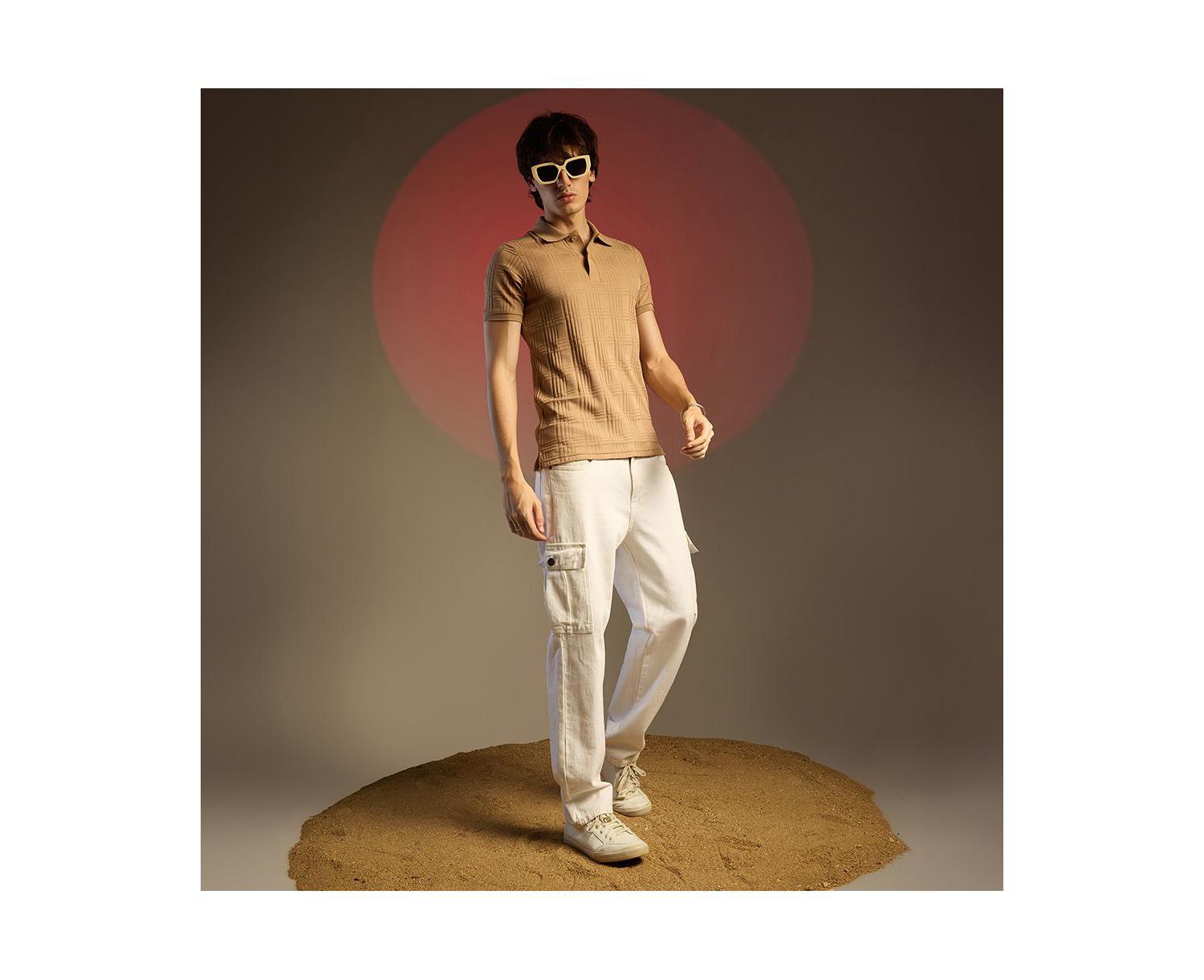 Men's Buff Beige Intertwine-Textured Polo T-Shirt